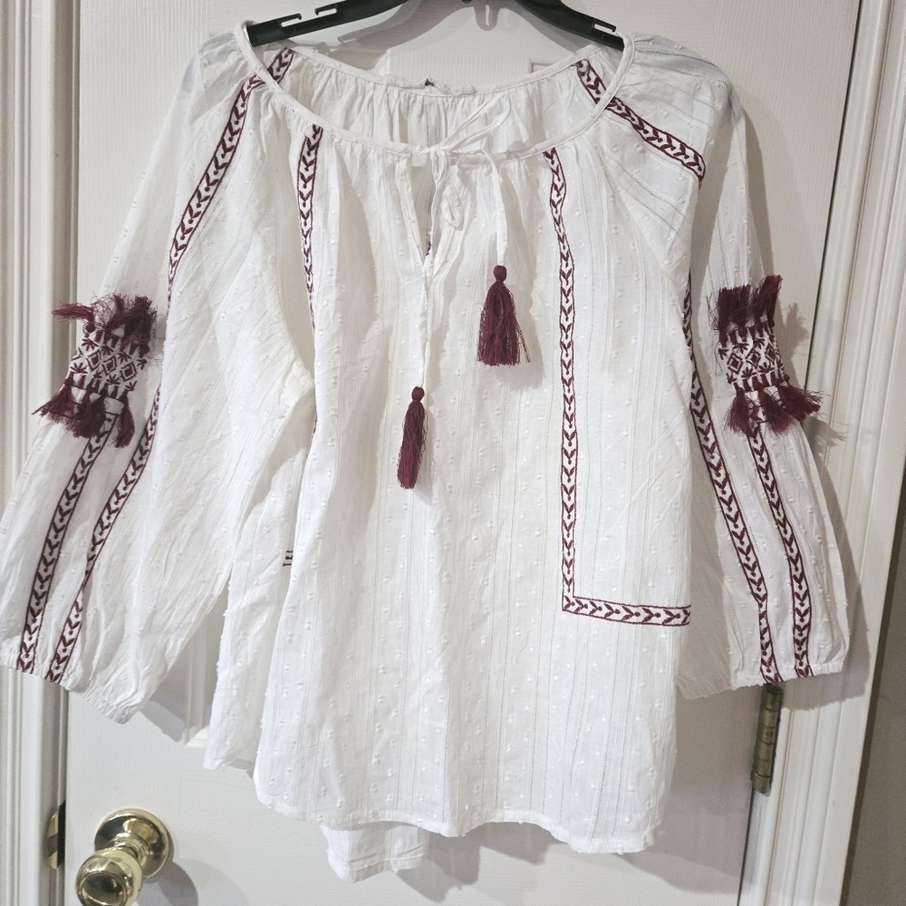 Cupio Boho Top $78 NEW Long Sleeve Lightweight Flowy Ivory White Wine Embroidery - Picture 6 of 8